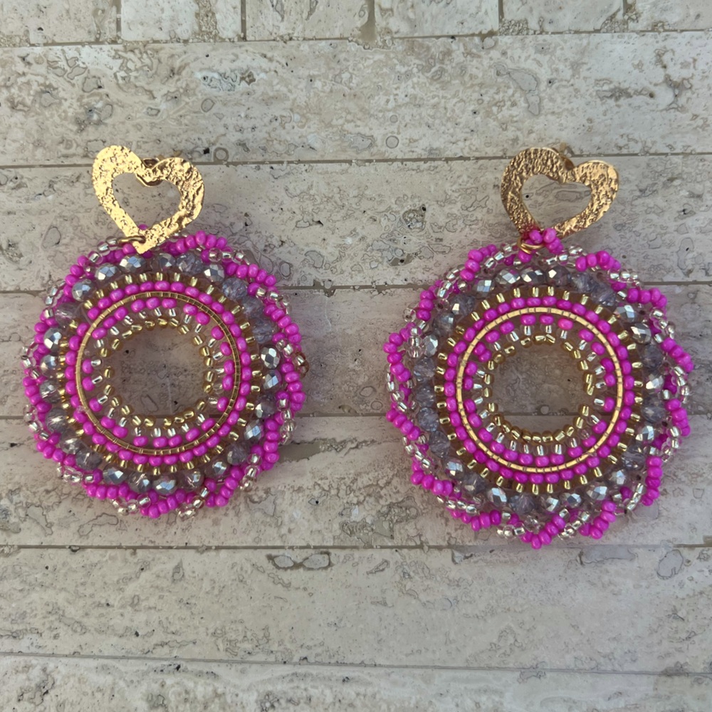 Handmade Colombian pink and silver Beaded Statement Earrings - Light Weight!